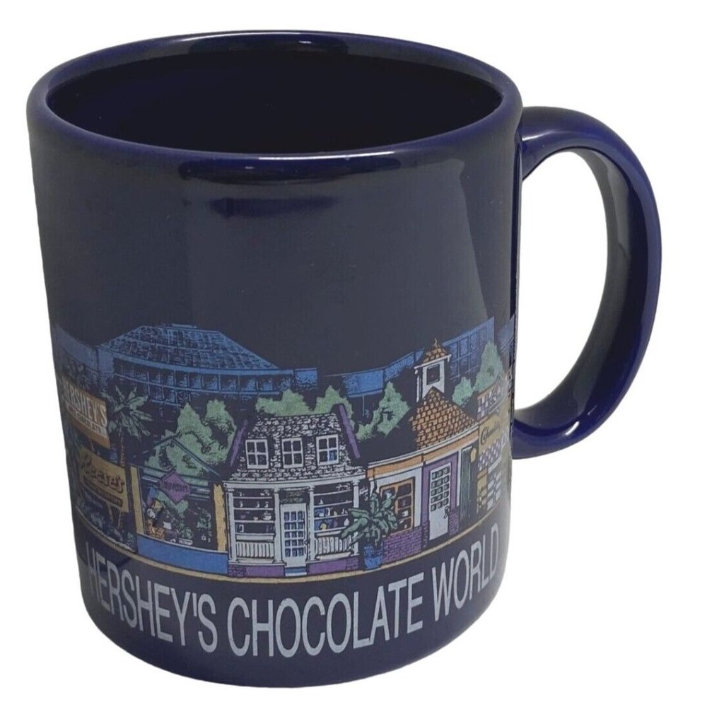 Hersheys Chocolate World Coffee Mug Hershey PA Souvenir Vintage Blue 1989